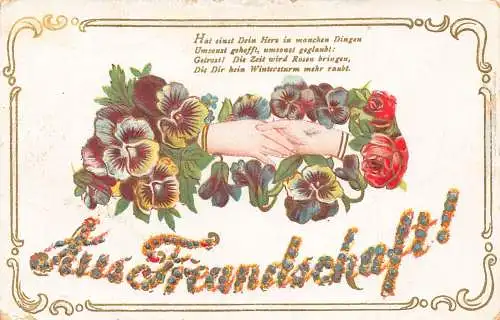 Freundschaftsgrüße Handschütteln Veilchen Rosen Gedicht geprägte Postkarte