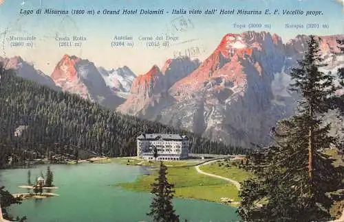 L073 Italien 1913 Lago di Misurina e Grand Hotel Dolomiten See Berg Postkarte