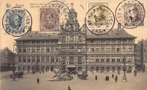 L133 Belgien 1923 Anvers Antwerpen Rathaus und Brabo Brunnen Vintage Postkarte