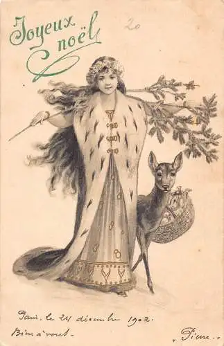 L150 Grüße 1902 Frohe Weihnachten Engel Mädchen Hirsch Vintage Postkarte