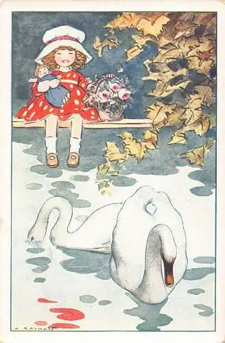 L150 Mädchen Puppe Schwäne Les amis de Bebe signiert Raynolt Vintage Postkarte