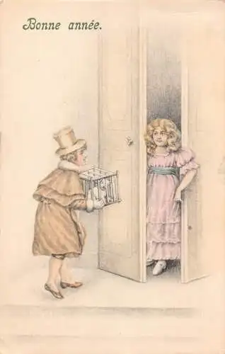 L150 Neujahrsgrüße 1908 Kinder Welpen Geschenk Vintage Postkarte