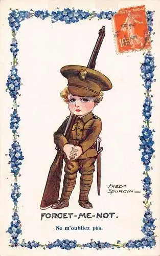 L150 Vergissmeinnicht kleiner Soldat Comic Humor Fred Spurgin Schild Vintage Postkarte