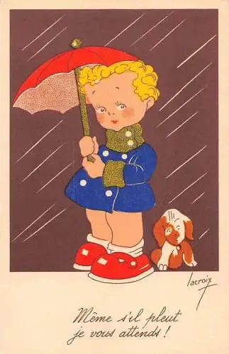 L150 Grüße Comic Junge Regenschirm Hund Lacroix signiert Vintage Postkarte