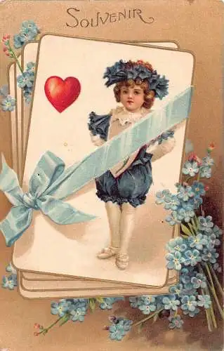 L150 Valentinstag Grüße 1909 Junge Blumen Herz geprägt Vintage Postkarte