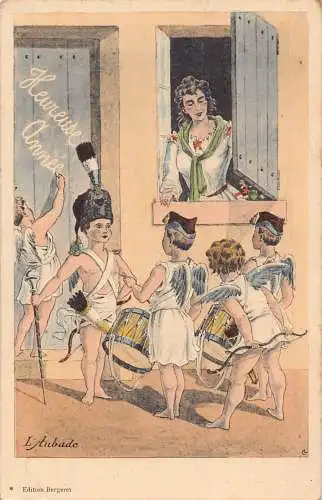 L150 Grüße Neujahr Cherubs singen Fantasy Vintage Postkarte