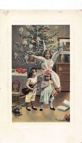 A055 Weihnachten Kinder Engel Spielzeug Geige Puppen Äpfel Kerzen Baum Postkarte