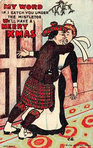 A054 Weihnachten Comic Humor Schottischer Mann küsst Dienstmädchen unter Meilenstein Postkarte