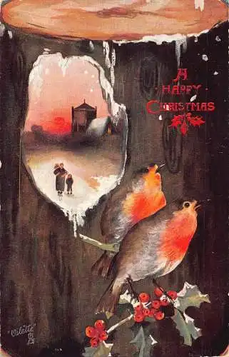 A054 Weihnachtsvögel auf Mistelzweig Baumstamm Dorf Sonnenuntergang Ansicht Postkarte