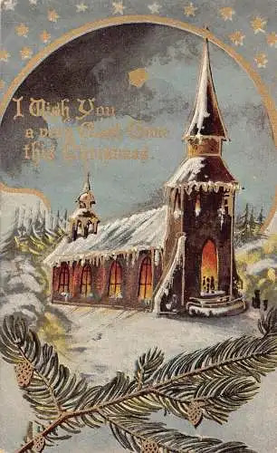 A055 Weihnachtskirche Winterlandschaft Tannenzapfen Zweig goldene Sterne Postkarte