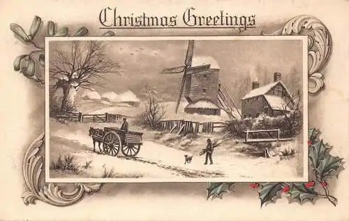 A053 Weihnachten 1917 Winterlandschaften Windmühle Pferdekutsche Dorf Postkarte