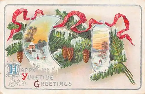 A052 Neujahr Tannenzapfen Band Winterlandschaft Hütte Schnee geprägt Postkarte