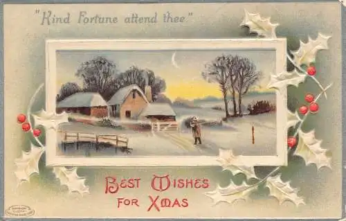 A053 Weihnachten Mistel Haus Landhaus Männer pflegen Holz Schnee geprägte Postkarte