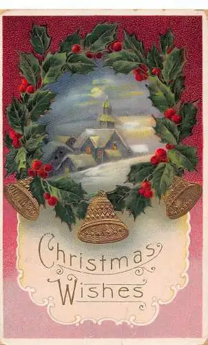 A055 Weihnachtswünsche Dorf im Schnee Mondlicht Mistelglocken Postkarte