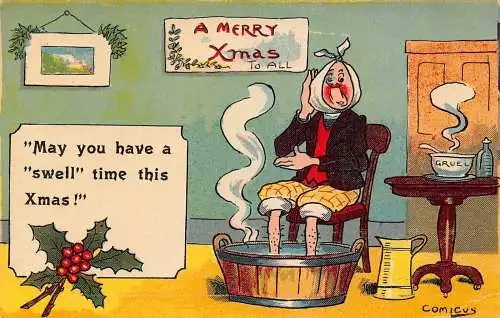 A053 Weihnachten Comic Humor Mann mit einer Erkältung, Füße in heißem Wasser quellen Postkarte