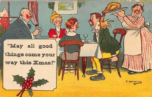 A053 Weihnachten Comic Mistelzweig Familie Esstisch verschüttet heiße Flüssigkeit Postkarte