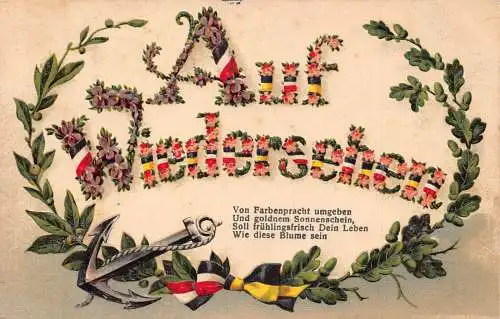 Auf Wiedersehen 1916 Anker Violett Flagge Bänder geprägt WWI Feldpostkarte