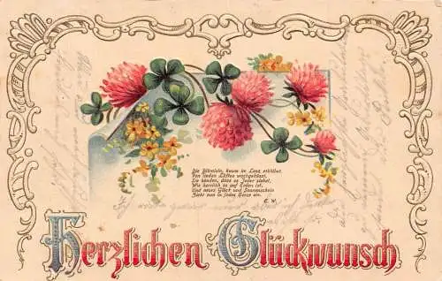Glücksgrüße 1907 Kleeblätter Distel gelbe Blumen Gedicht geprägte Postkarte