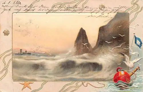 Passepartout 1901 Meereslandschaft Möwen Flagge Seestern Muscheln geprägte Postkarte