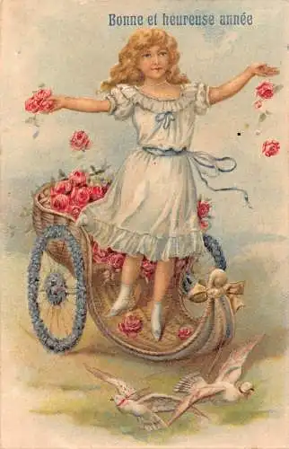 L161 Neujahrsgrüße Mädchen Alegorischer Wagen Rosen weiße Tauben geprägte Postkarte