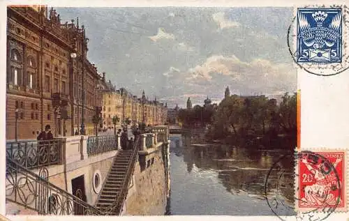 L141 Tschechien 1921 Prag Rieger Quai Fluss Vintage Postkarte