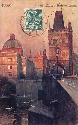 L141 Tschechien 1920 Prag Altstadt Turm Brücke Sonnenuntergang Vintage Postkarte