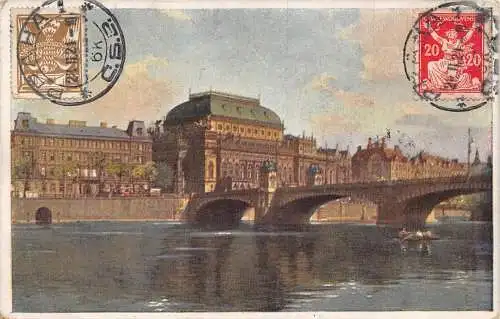 L141 Tschechien 1921 Prager Nationaltheater Brücke Vintage Postkarte