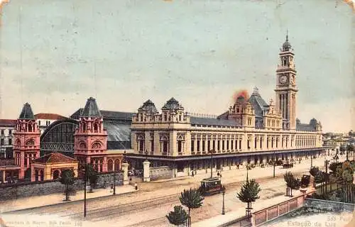 A865 Brasilien 1908 Sao Paulo Estacao da Luz Bahnhof Straßenbahn Vintage Postkarte