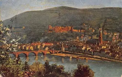 Deutschland 1918 Heidelberg Panoramabrücke Fluss Vintage Postkarte