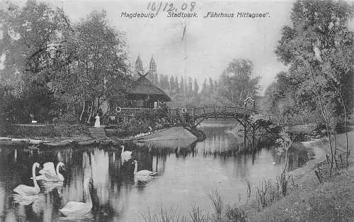 Deutschland 1908 Magdeburg State Park Faehrhaus Mittagsee Schwanensee Postkarte