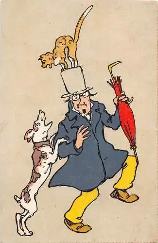 L161 Mann mit Regenschirm Katze vs Hund Comic Humor Postkarte