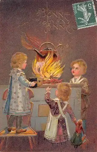 L161 Neujahrsgrüße Kinder Teekanne auf Flammen Puppe geprägte Postkarte