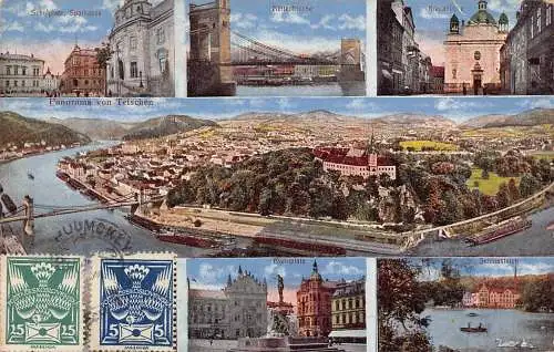 L141 Tschechien 1921 Decin Tetschen Panoramabrücke Schloss Mehransicht Postkarte