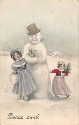 L161 Neujahrsgrüße 1915 Schneemann rauchende Pfeife Mädchen Mistelzweig Postkarte
