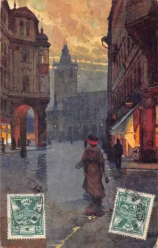 L141 Tschechien 1922 Prag Stadtnähe Platz Sonnenuntergang Vintage Postkarte