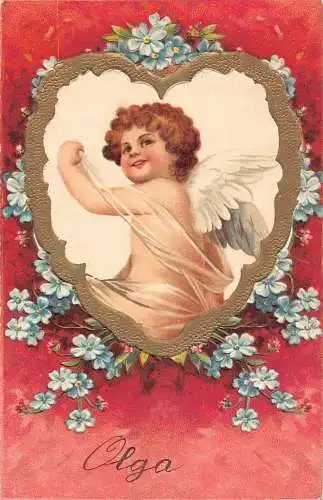L161 Grüße Valentinstag Herz Cherub Blumen 1905 geprägte Postkarte