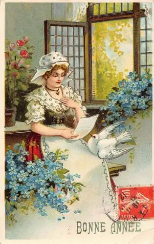 L161 Neujahrsgrüße 1912 Mädchen Brief Blumen weiße Taube Rose Postkarte