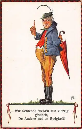 L066 Deutschland 1933 Mann Regenschirm Kostüm Karikatur signiert Hans Boettcher Postkarte