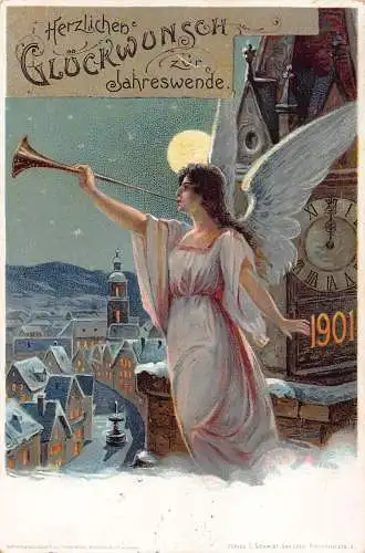 L066 Happy New Year 1901 Engel Litho Vintage Postkarte