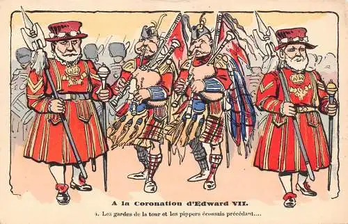 A876 Politische Satire Krönung Edward VII Scottish Pipers Guards Postkarte