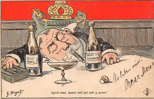 A876 Politische Satire 1902 Edward VII Betrunkener Zigarrenmoet Champagnerringe Postkarte