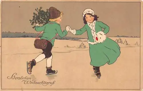 L162 Weihnachten 1941 Grüße Kinder Schlittschuhlaufen Mistelzweig Postkarte