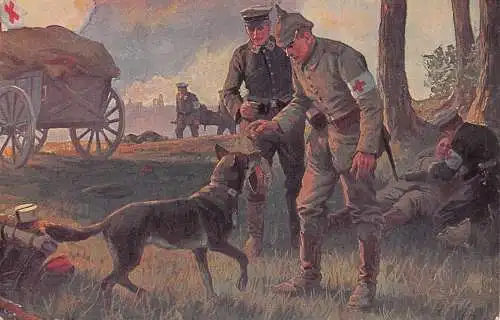 WWI Charity Art Deutsche Soldaten und Hund im Rotkreuzlager Postkarte