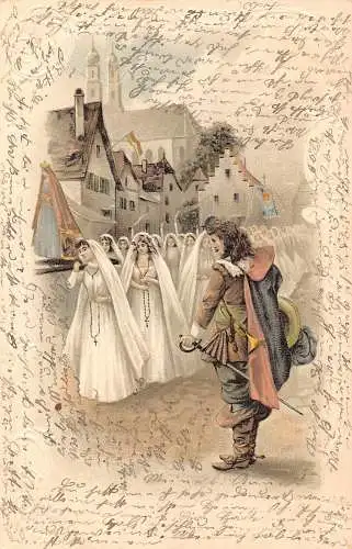 Kunst Musketier beobachtet Menge Nonnen vorbei Gottesdienst Litho Postkarte