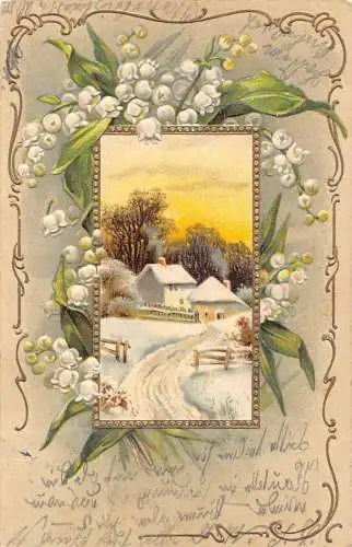 Geprägte Winterlandschaft Passepartout Maiglöckchen Vintage Postkarte