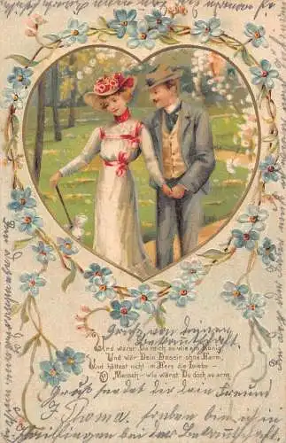 Romantik Liebe 1904 Vergissmeinnicht Blumen Gedicht Paar Spaziergang Passepartout Postkarte