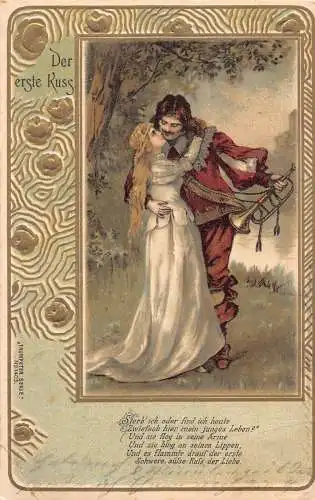 Love First Kiss 1902 Paar Dame und Soldat Trompete goldene Details Postkarte