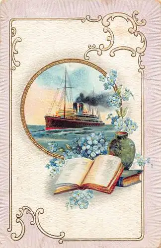 Dampfschiff Vergissmeinnicht Blumen Keramik Bücher geprägte Vintage Postkarte