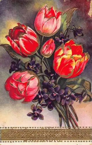 Stillleben 1941 Blumenstrauß Tulpen und Veilchen mit goldenen Details Postkarte