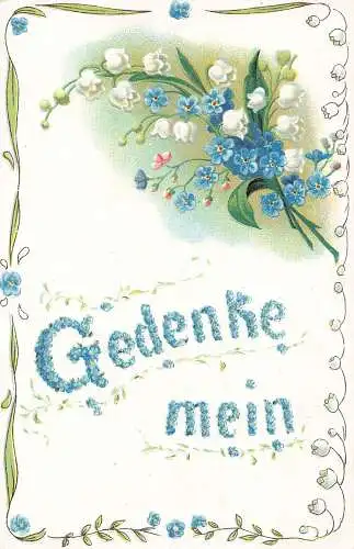 Denk an mich! Maiglöckchen Vergissmeinnicht Blumen Prägepostkarte